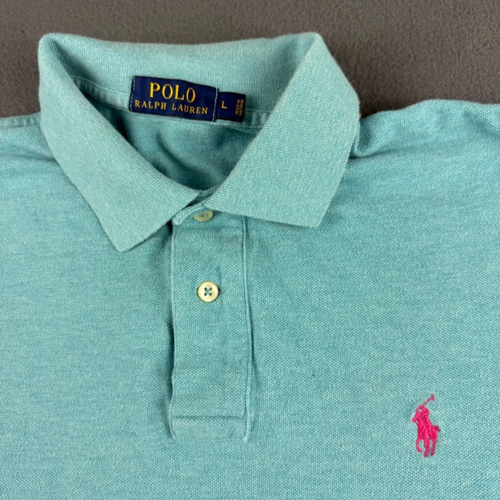 Polo Ralph Lauren Shirt Men's L Teal Pink Pony Short Sleeve Pique Cotton Polo